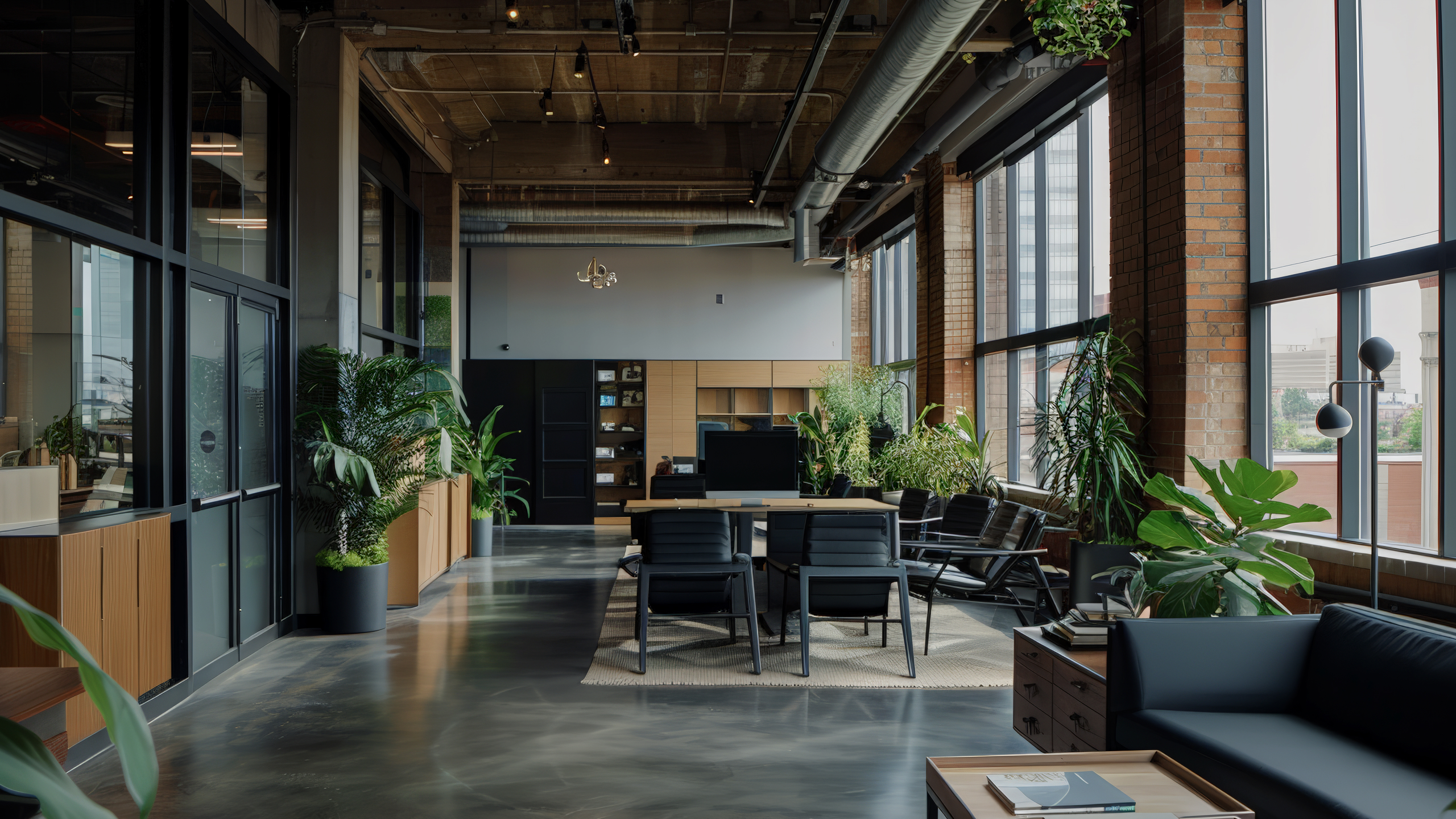 Modern office interior featuring large windows, strategic greenery, open workspace, and a seating area with a couch, stylish furniture, and a minimalist design.